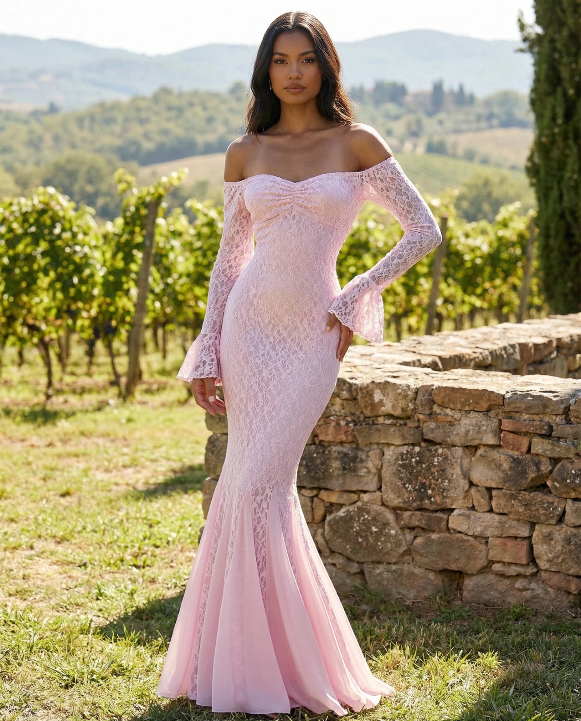 Clarisse pink lace maxi dress