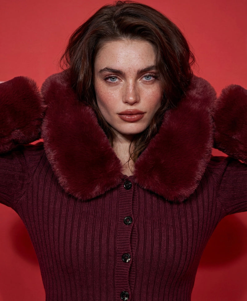 Adrielle cardigan in faux fur - burgundy